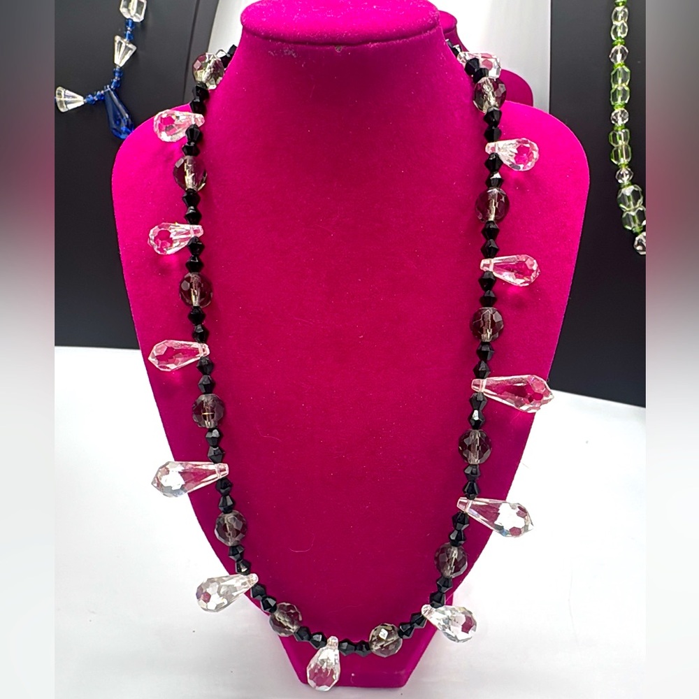 Art Deco Era black jet glass and crystal briolette necklace.  Antique.